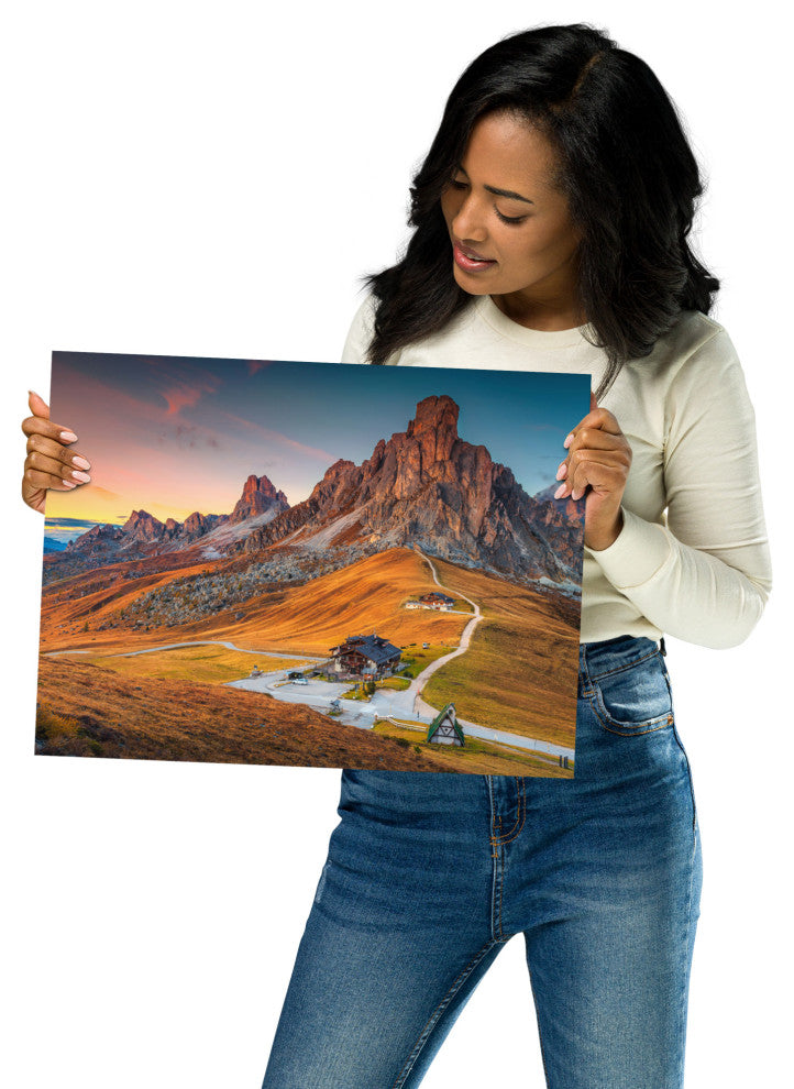 Sunset at Alpine Mountain Pass Rural Landscape Photo Wall Art Print, 12" X 16"