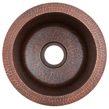 10" Round Hammered Copper Bar Sink, 2" Drain Opening, Drain & Accessories