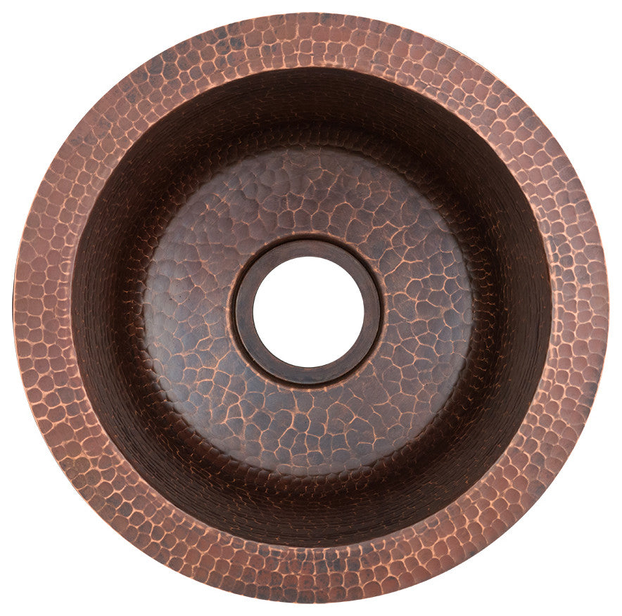 10" Round Hammered Copper Bar Sink, 2" Drain Opening, Drain & Accessories