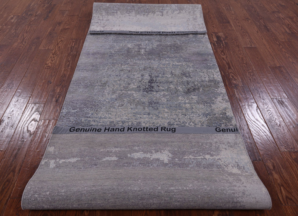 3' 11" X 12' 0" Abstract Wool and Silk Handmade Runner Rug Q9079