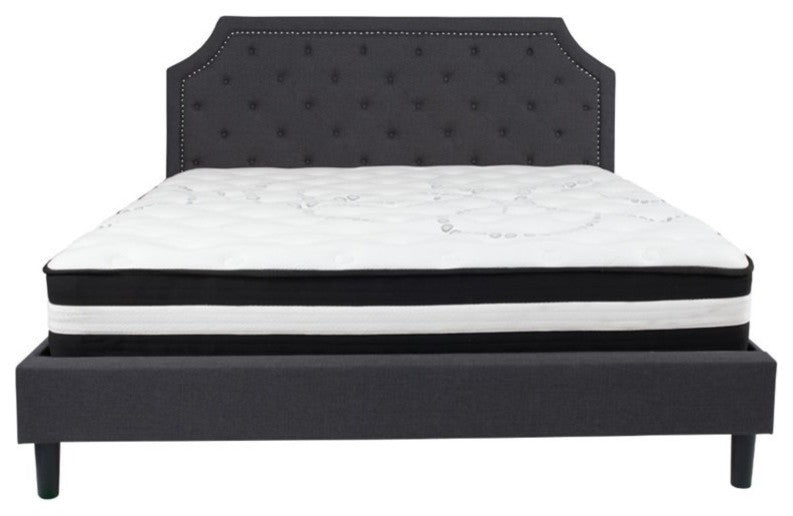 King Size Tufted Platform Bed, Dark Gray With Pocket Spring Mattress