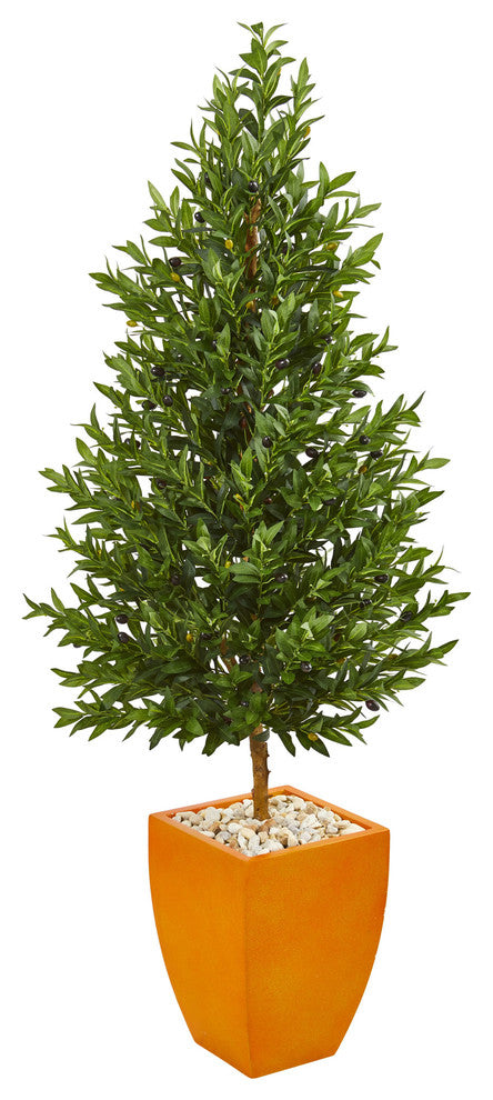 5.5" Olive Cone Topiary Artificial Tree in Orange Planter UV Resistant