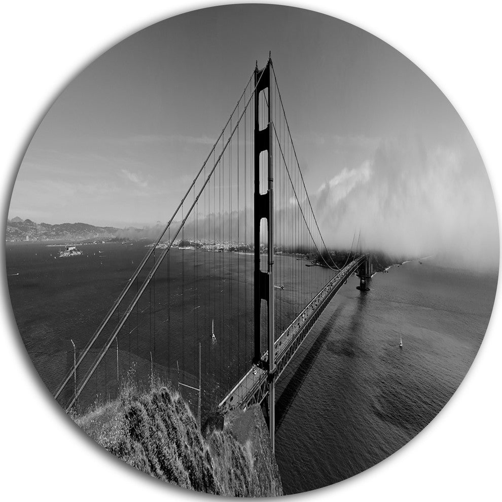 Golden Gate Bridge In Gray Panorama, Sea Bridge Disc Metal Artwork, 36"