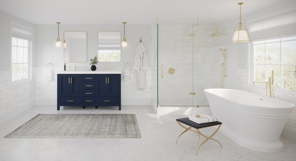 Preston Bath Vanity, Blue, 60", White Quartz Top, Double, Freestanding