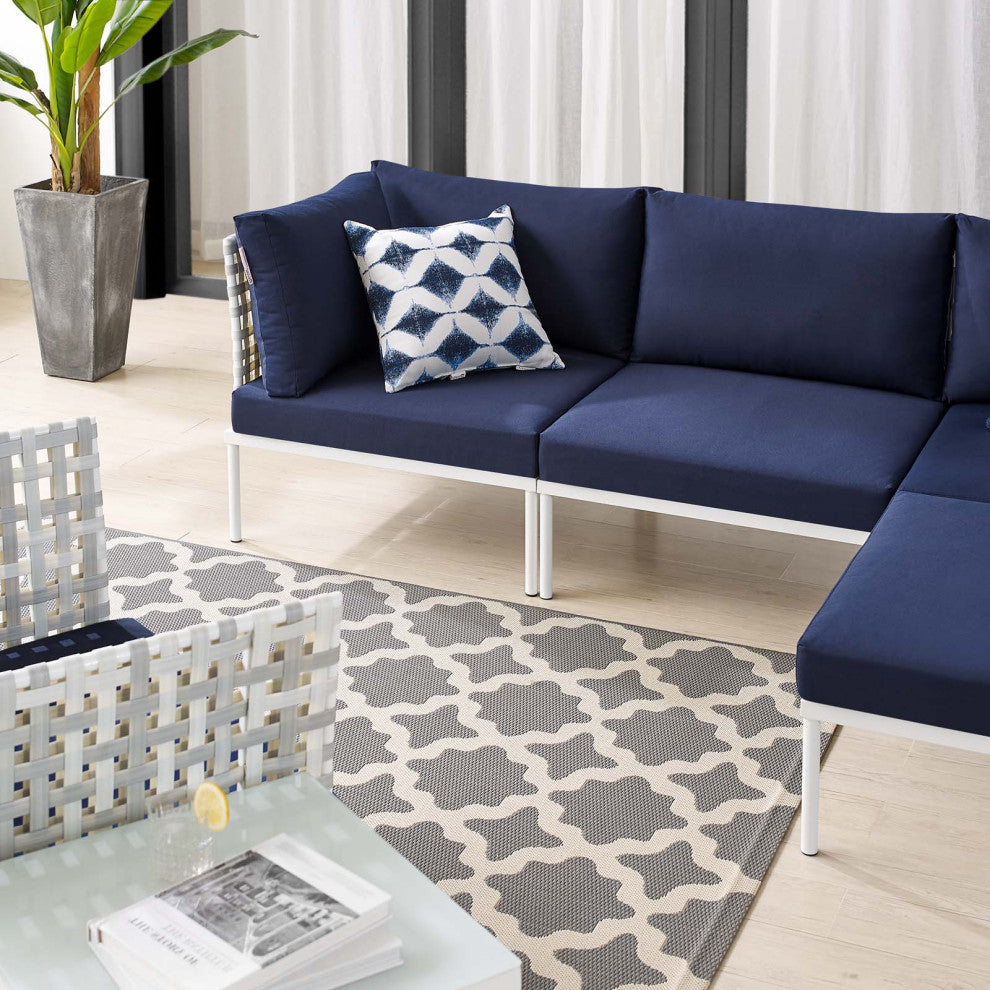 Lounge Sectional Sofa Chair Table Set, Sunbrella, Aluminum, Blue Navy, Outdoor