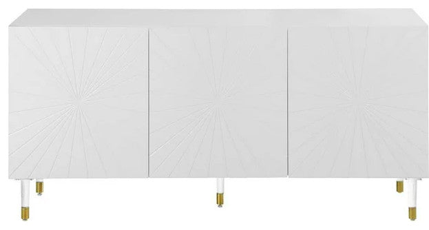 Elegant Sideboard, Geometric Accented Doors & Acrylic Legs With Gold Tips, White