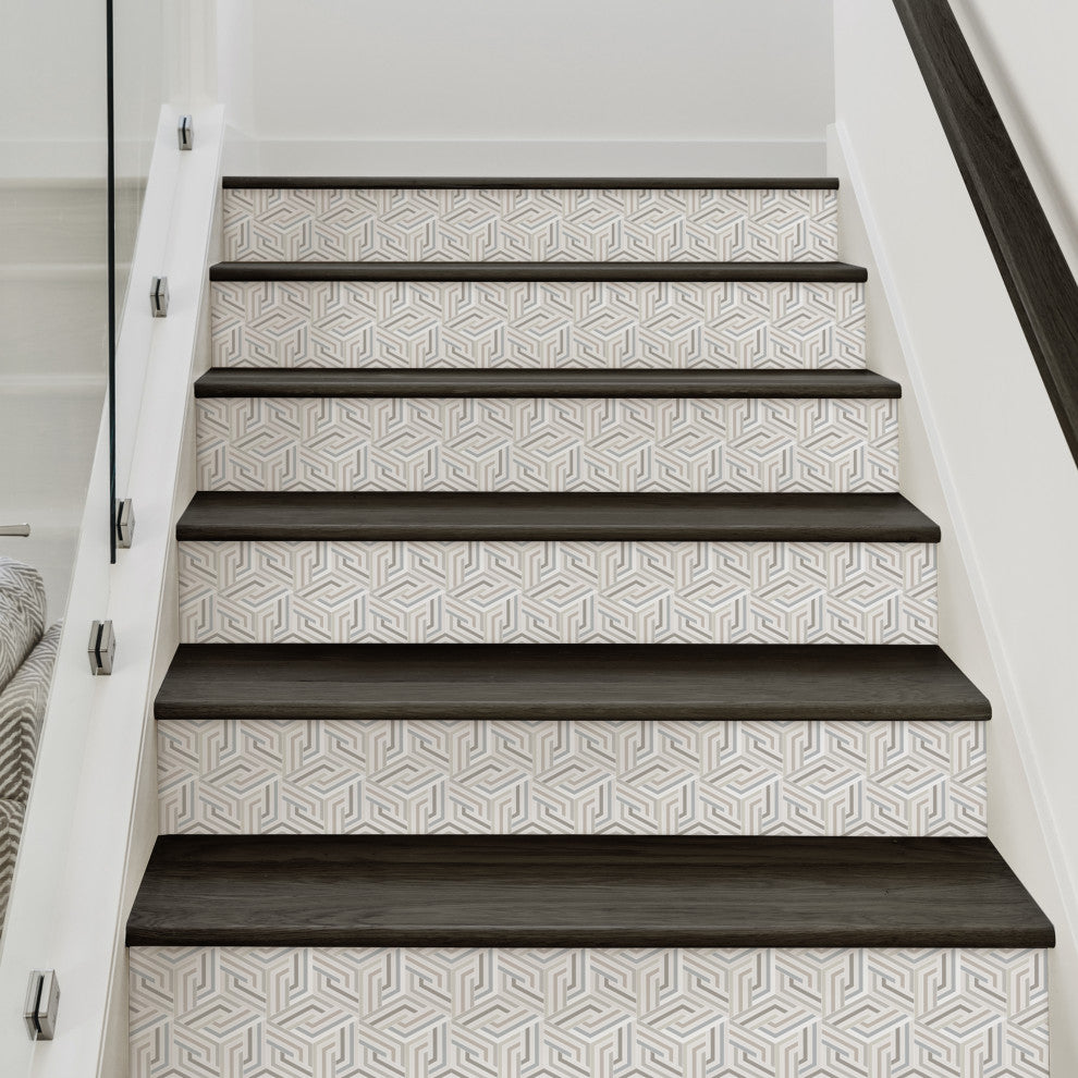 Op Art Lines 3D Cubes Peel and Stick Stair Riser Strips, 48"w X 6"h, 6 Pack