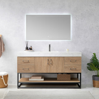 Alistair Vanity, North American Oak, Matte Black Hardware, 60" Single Sink, With Mirror