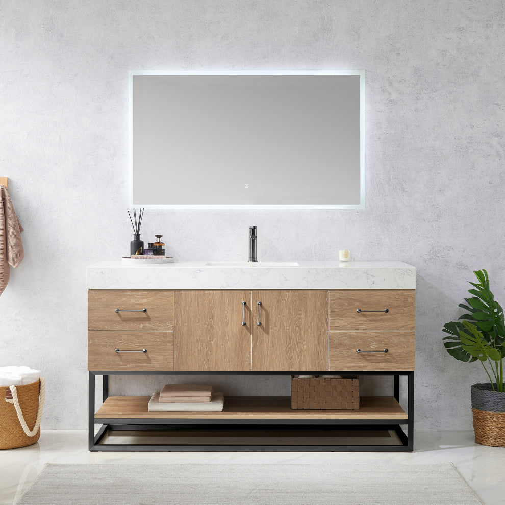 Alistair Vanity, North American Oak, Matte Black Hardware, 60" Single Sink, With Mirror