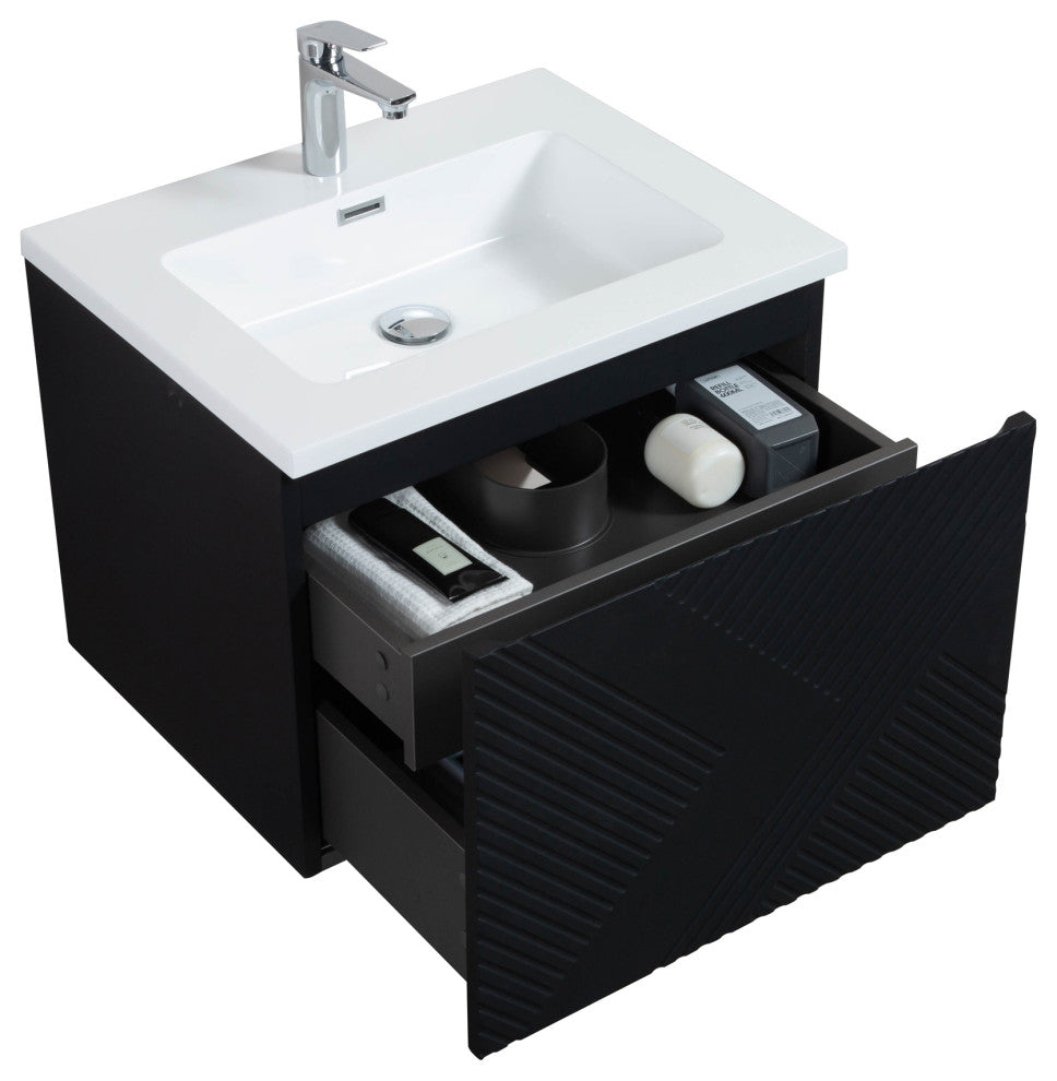 Matte Black Wall Mount Bath Vanity, Integrated Sink, White Sink, 30"