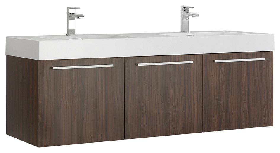Fresca Vista 60" Walnut Wall Hung Double Sink Cabinet With Integrated Sink
