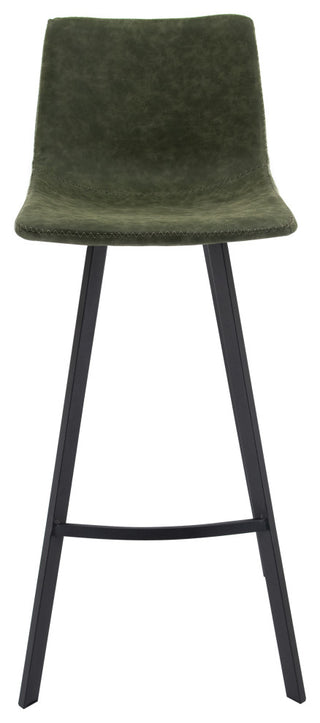 LeisureMod Elland Modern Upholstered Leather Bar Stool Iron Legs, Olive Green