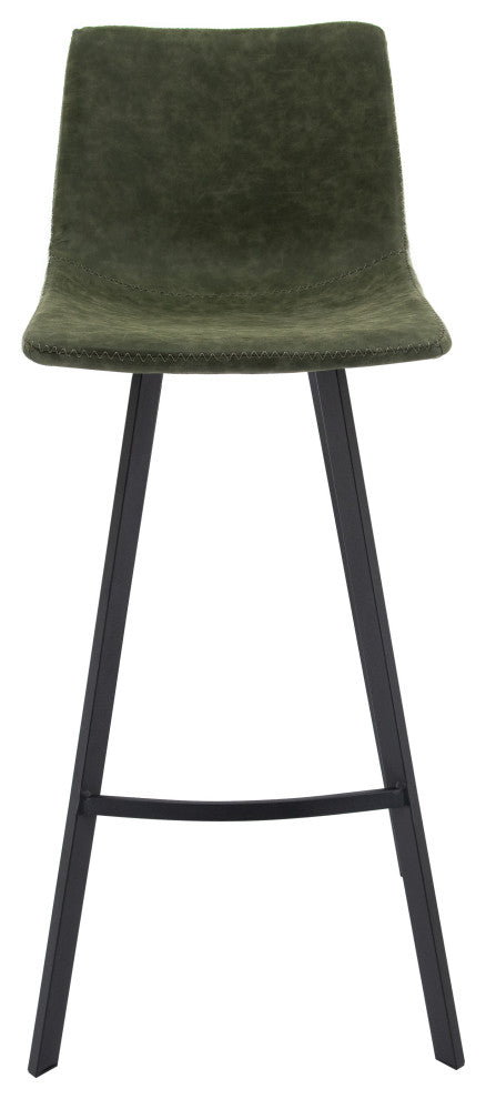 LeisureMod Elland Modern Upholstered Leather Bar Stool Iron Legs, Olive Green