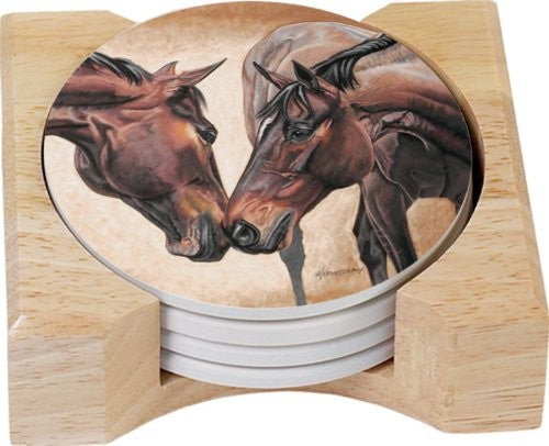CounterArt Horse Kiss Design Round Absorbent Coasters in Wooden Holder, Set of 4
