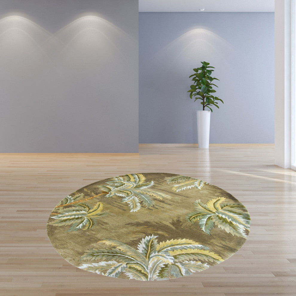 HomeRoots 8' Moss Green Hand Tufted Tropical Trees Round Indoor Area Rug