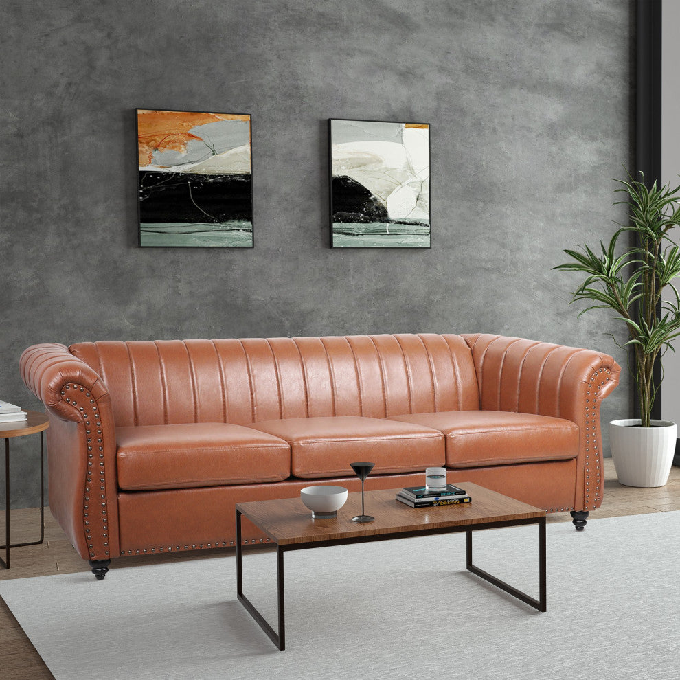 83" Faux leather Rolled Arm Sofa with Nailhead Trim, Brown, 83'' X 33''
