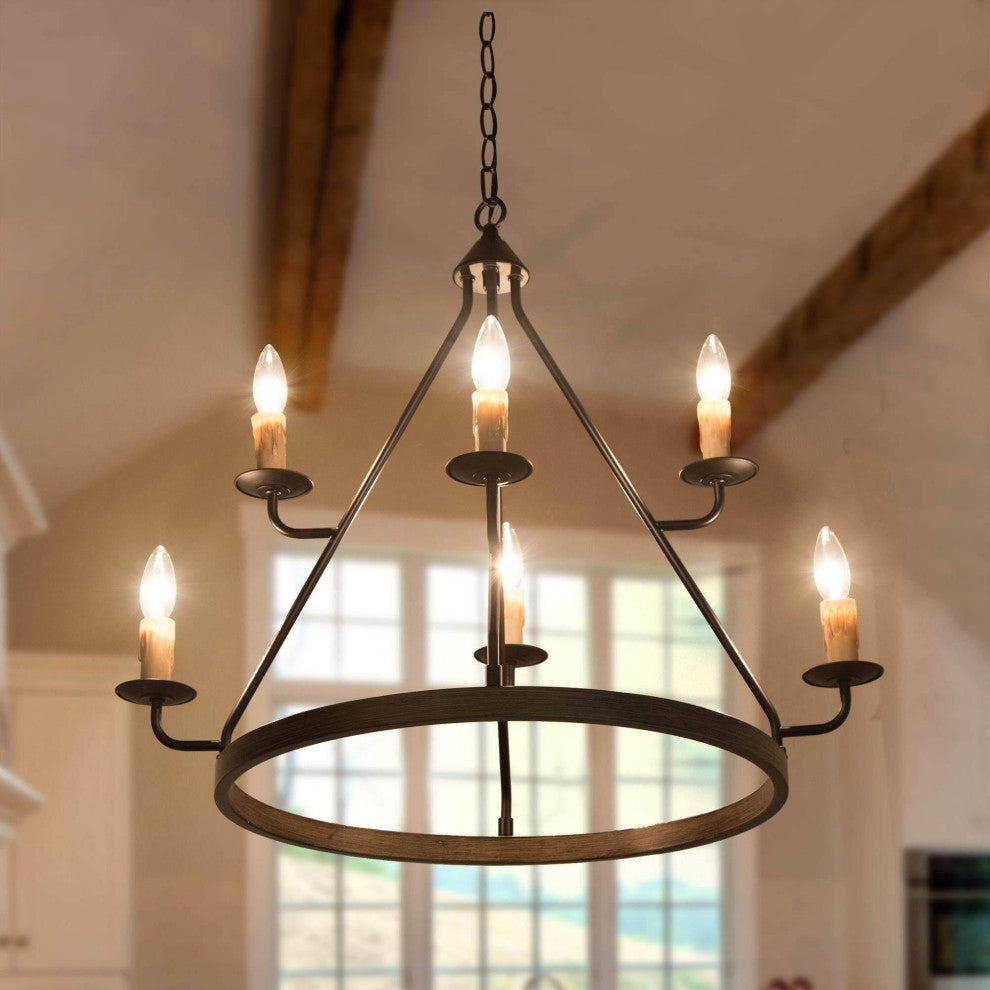 LNC Farmhouse Two-Tired 6-Light Black Wagon Wheel Chandelier