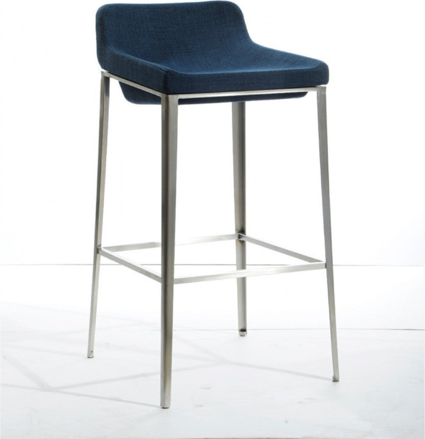 Fabric Upholstered Metal Bar Stool, Blue and Silver