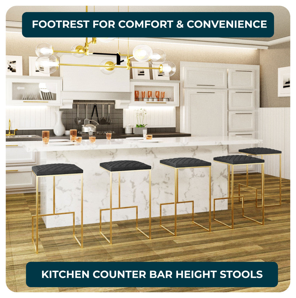 LeisureMod Quincy Quilted Stitched Leather Bar Stools With Gold Metal Frame