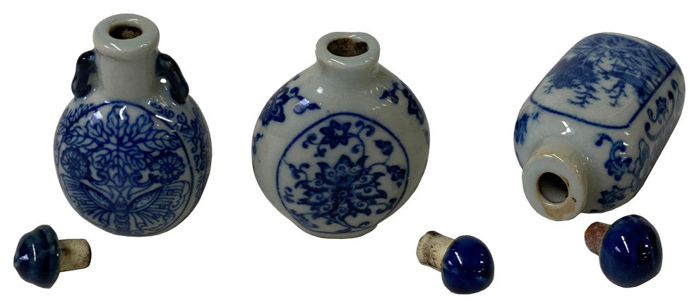 3 Piece Chinese Porcelain Snuff Bottle With Blue White Flower Graphic Hws2455