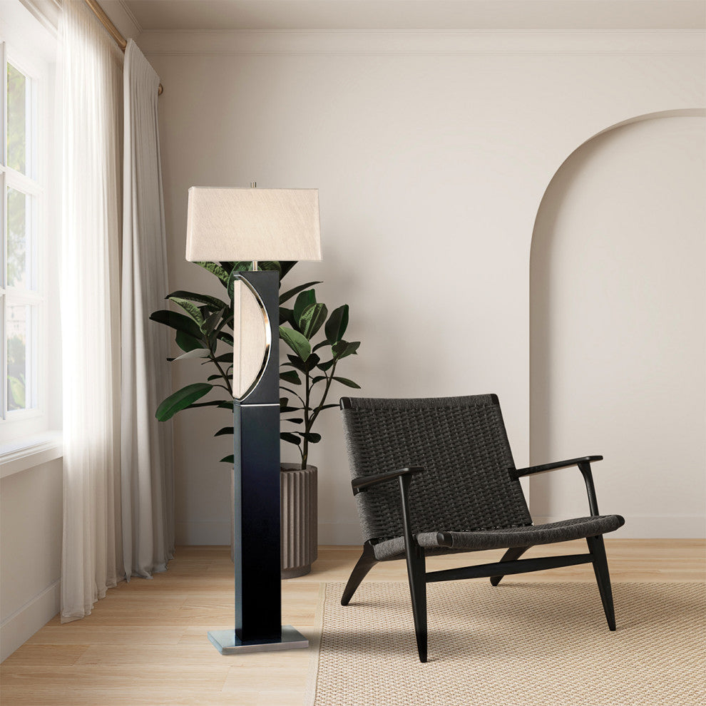Half Moon Floor Lamp with Nightlight - Charcoal Gray, Etruscan Gold Linen Shade