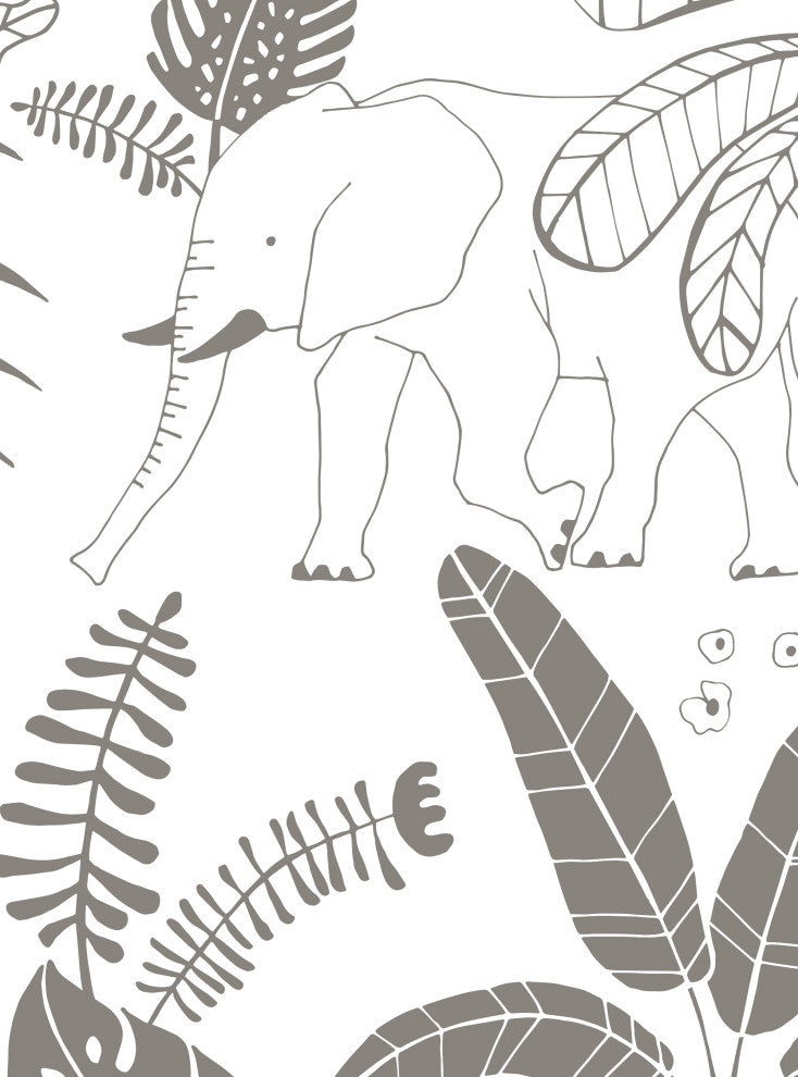 Safari Jungle Illustration Peel and Stick Vinyl Wallpaper, Grey, 24" X 60"