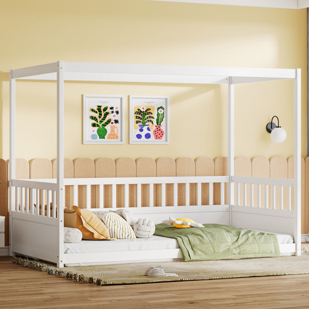Gewnee Twin Size Canopy Bed Frame with Guardrails for Kids