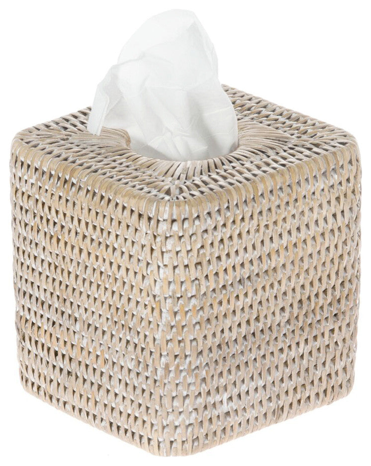 La Jolla Rattan Square Tissue Box Cover, White-Wash