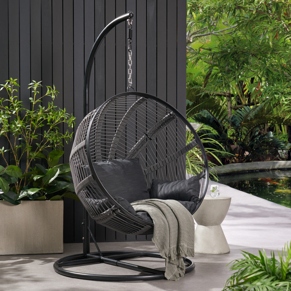 Ansonia Outdoor Rope Weave Hanging Chair With Stand, Gray + Black