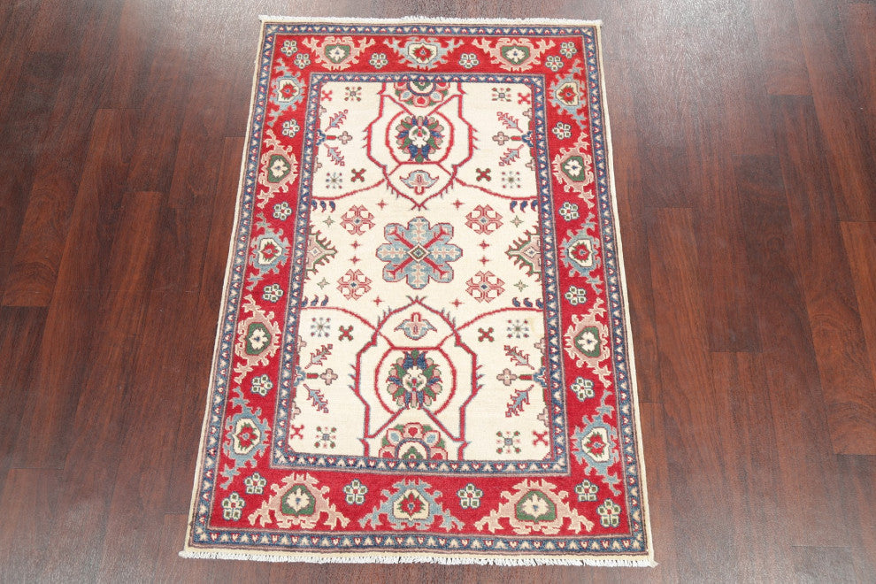 Kazak Oriental Traditional Area Rug Hand Made Pakistani, Beige, 4'11"x3'3