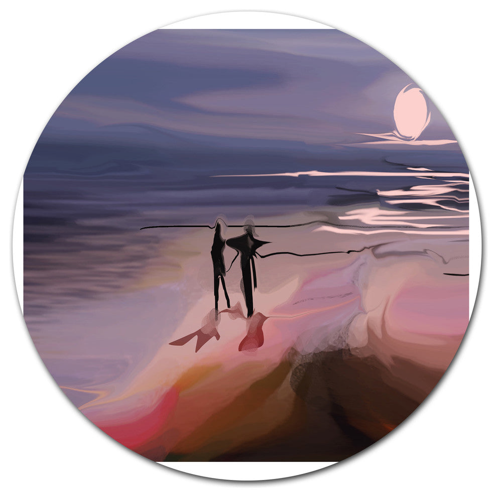 Couple Walking Near Ocean At Night, Seashore Disc Metal Artwork, 38"