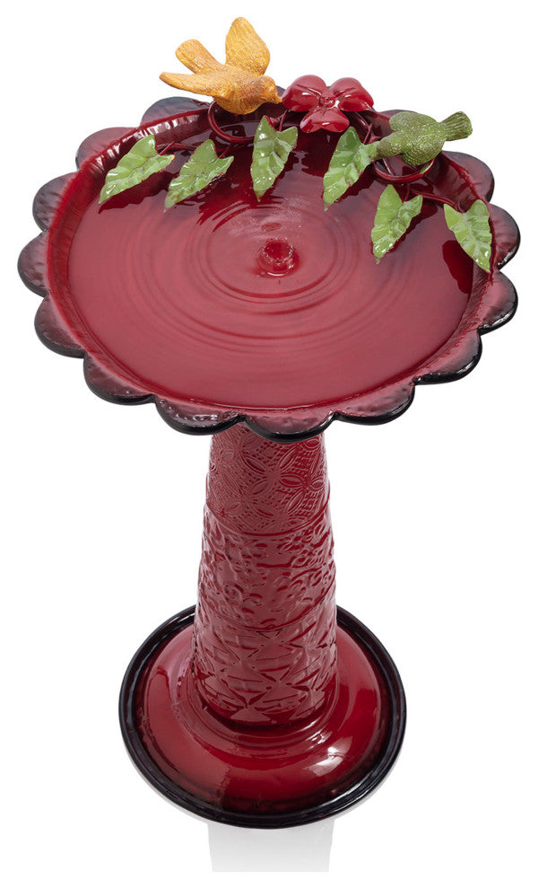 28" Tall Outdoor Metal Birdbath with Birds and Leaves Yard Statue, Red