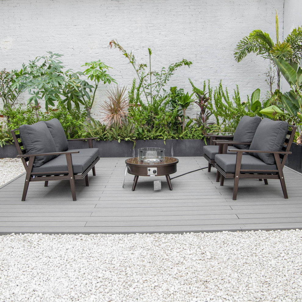 LeisureMod Walbrooke Brown Patio Sofa Set With Round Fire Pit Table, Charcoal
