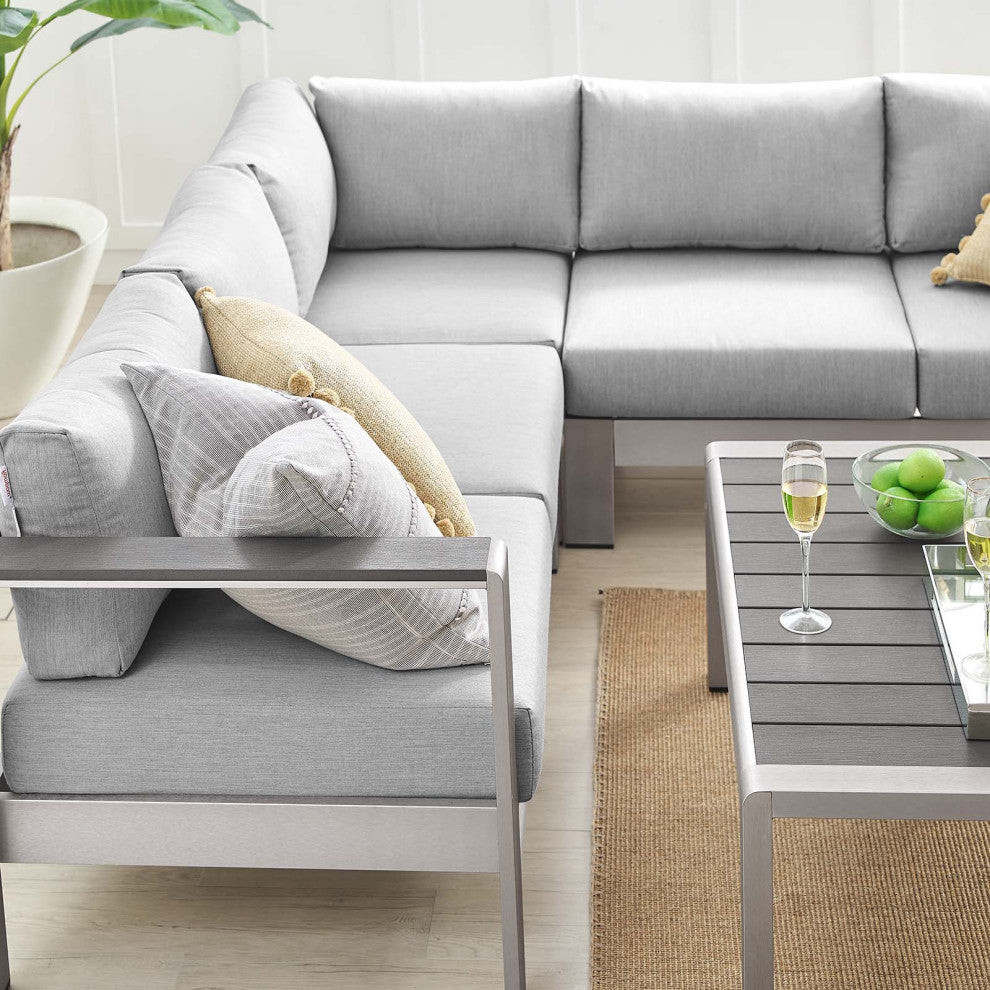 Sectional Sofa Chair Table Set, Sunbrella, Aluminum, Silver Gray, Outdoor