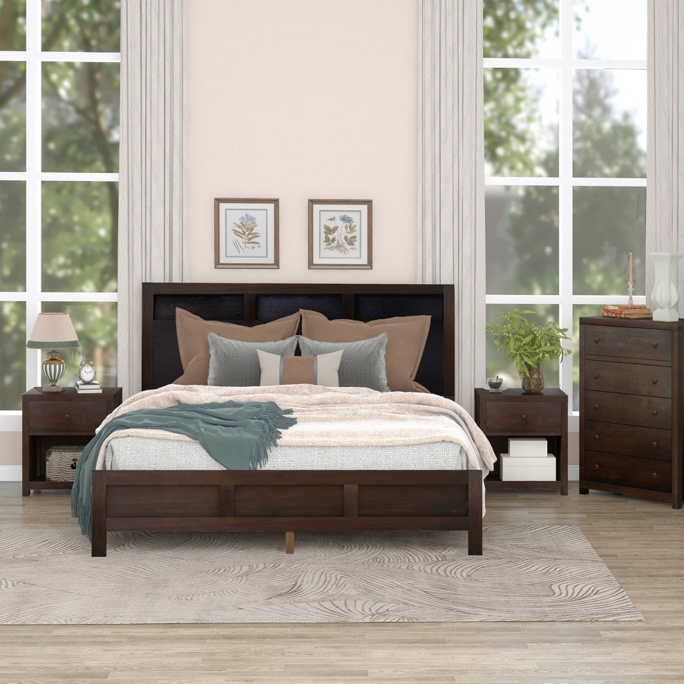 King Solid Wood Frame Platform Bed with Center legs, Brown, King