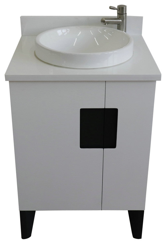 25" Single Sink Vanity, White Finish With Engineered Stone Top And Round Sink