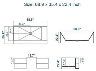ADM Shelved Freestanding Bathtub, Matte White, 68.9"