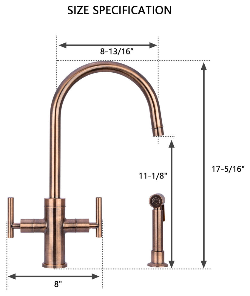 Akicon™ Two-Handle Copper Widespread Kitchen Faucet With Side Sprayer, Antique Copper