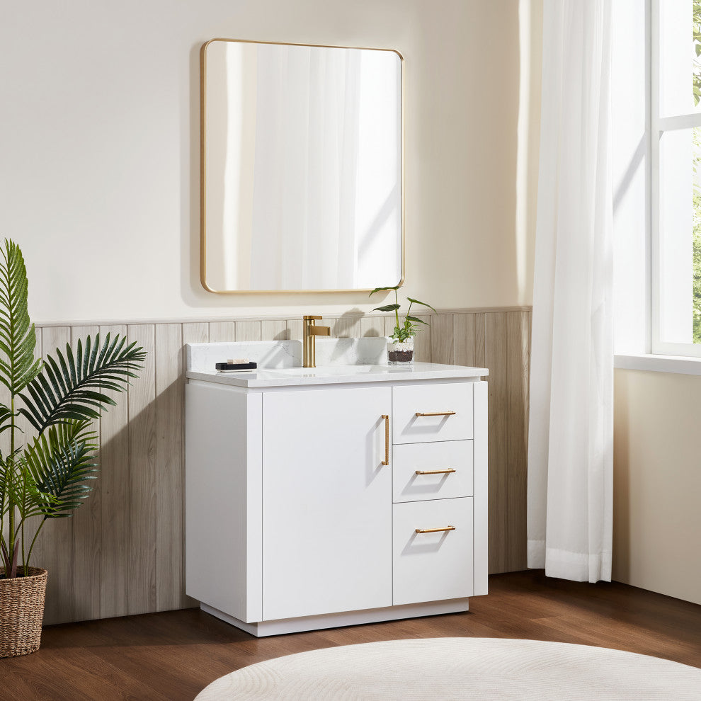 San Bath Vanity with Stone Top, White, 36", Single Vanity, With Mirror