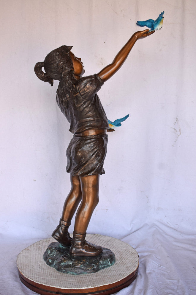 Girl, sandy, with two Blue birds Bronze Statue - Size: 25"L x 23"W x 41"H.
