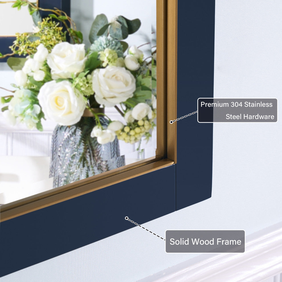 Solid Wood Beleved Edge Rectangular Framed Bathroom Wall Vanity Mirror, Navy Blue, 24"?x32"