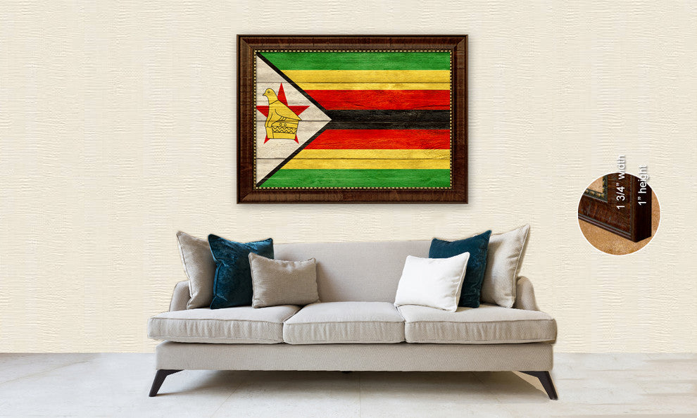 Zimbabwe Country Textured Flag Print With Brown Gold Frame, 19"X27"