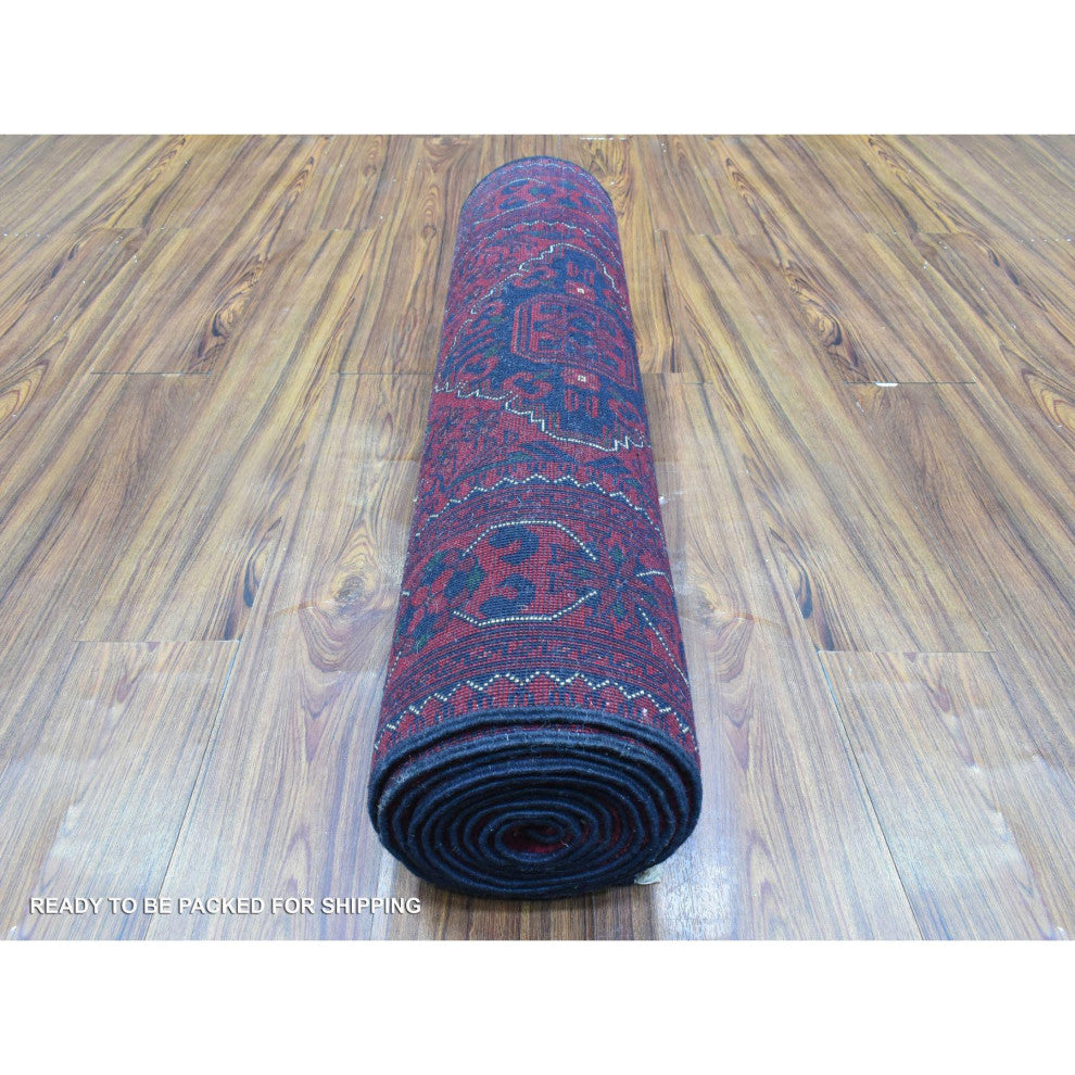 Red, Afghan Khamyab, Soft Wool Hand Knotted Runner Rug, 2'10"x13'0"