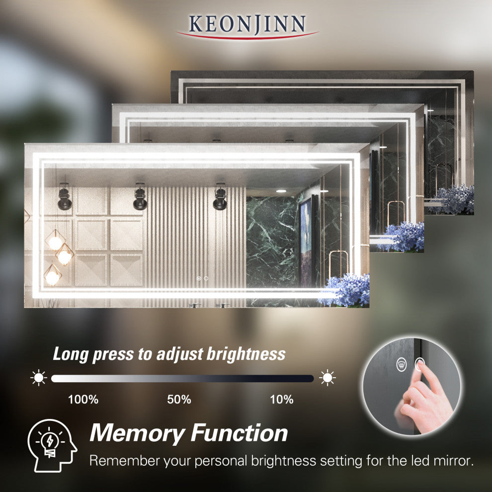 LED Bathroom Mirror, Anti-Fog Memory Dimmable IP54 Waterproof, 60"x28"