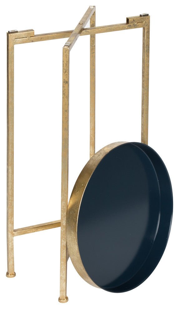 Kate and Laurel Celia Round Metal Foldable Tray Accent Table, Gold and Navy Blue