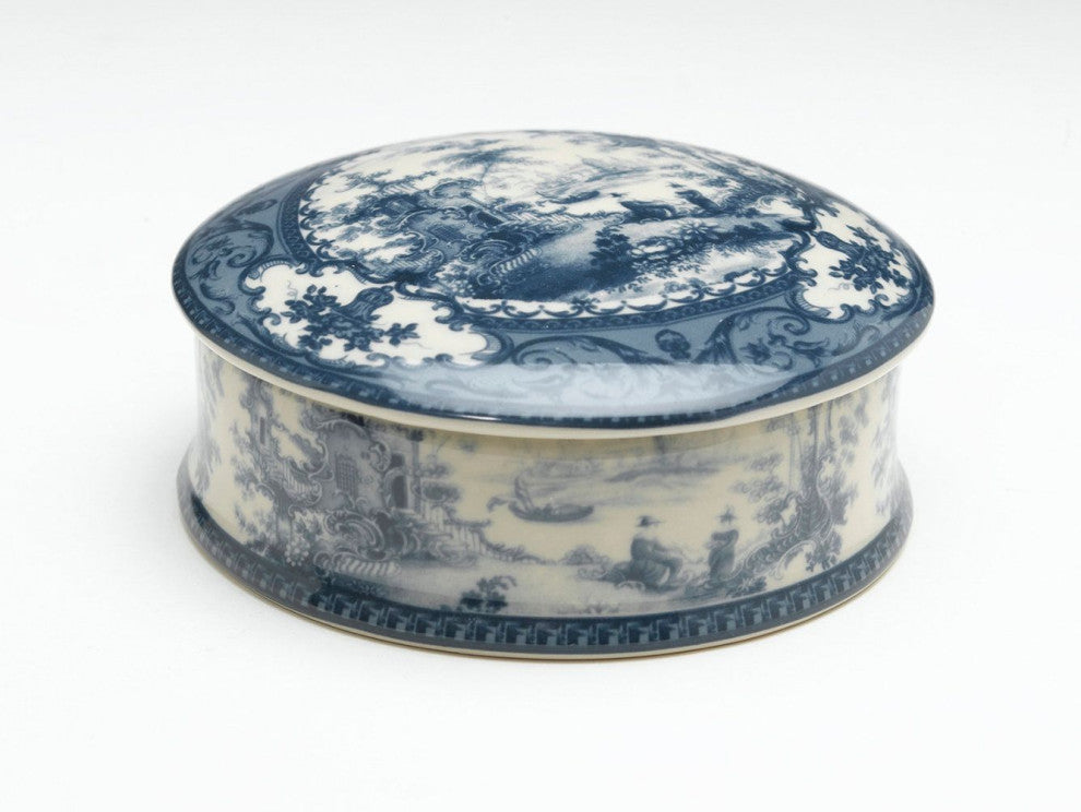 Round Porcelain Decorative Box, Blue/Cream