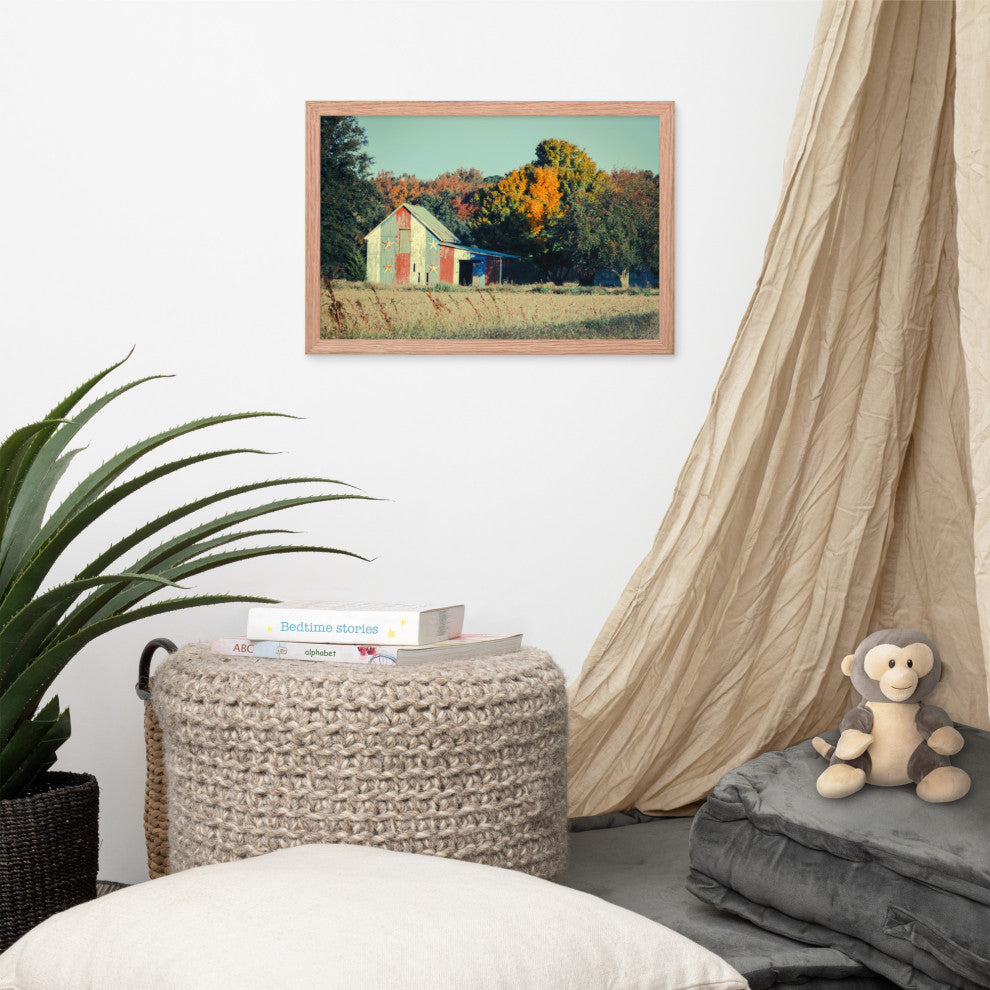 Patriotic Weathered Barn in Field Cross Processed Framed Photo Wall Art Prints, Red Oak, 12" X 18"