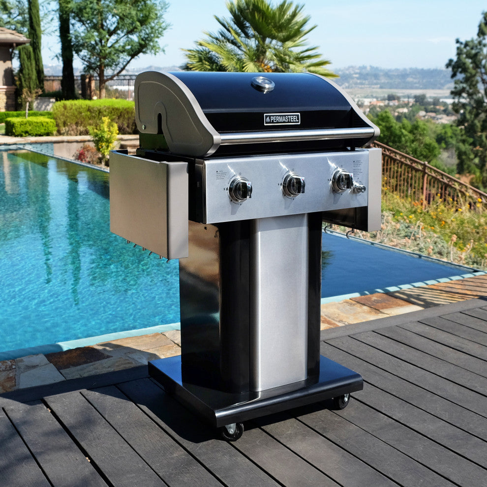 Permasteel 3 Burner Propane Gas Grill with Folding Side Shelves, Black