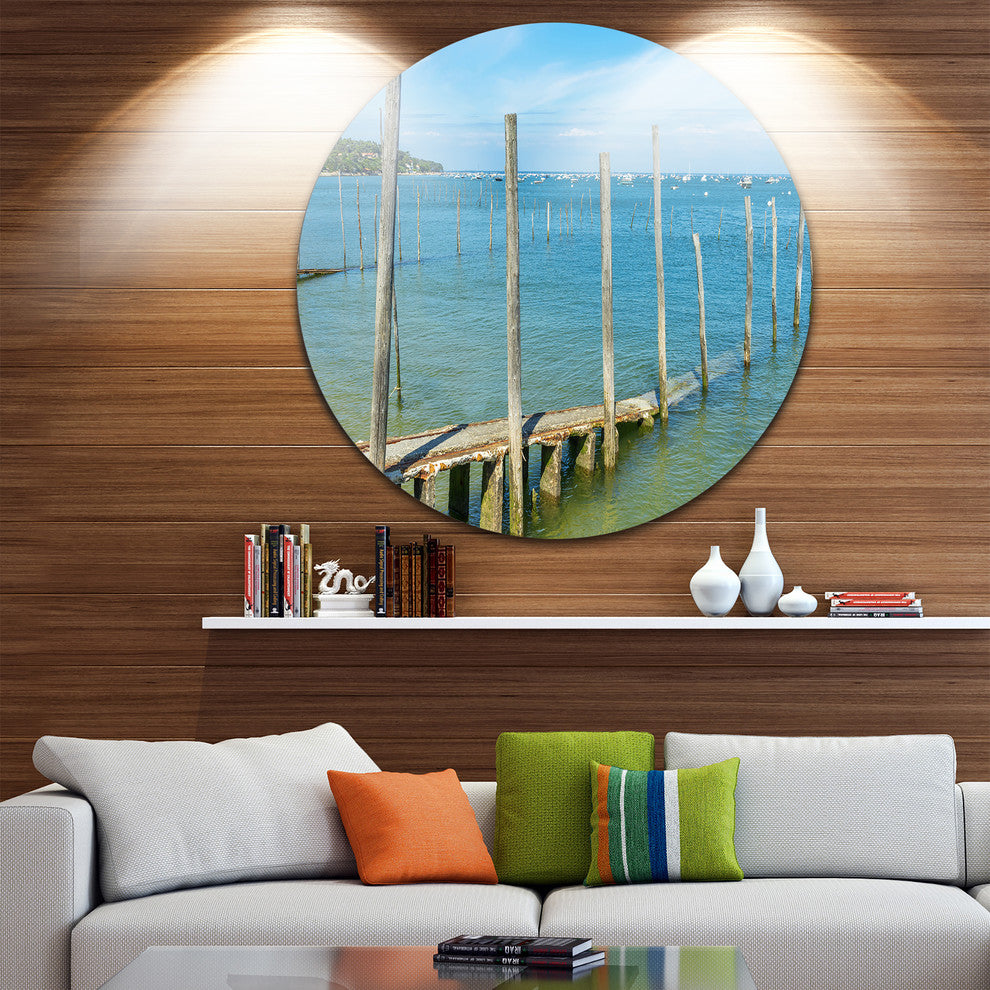 Wooden Piers By Blue Sea, Seascape Photo Disc Metal Wall Art, 36"