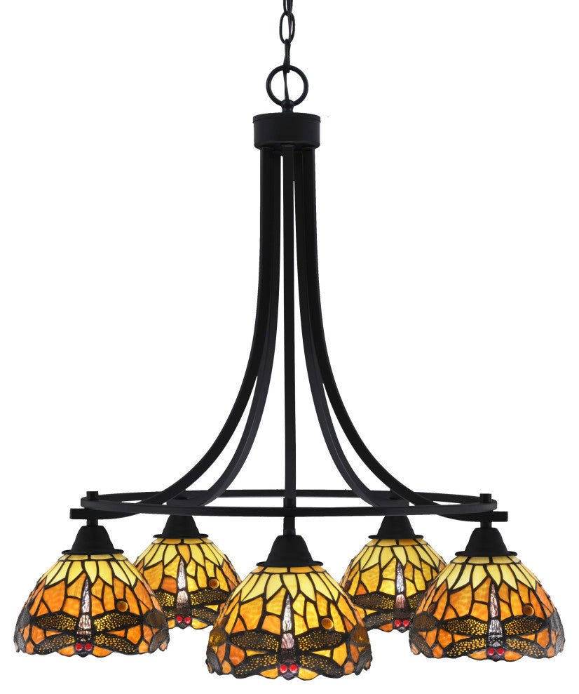 Paramount 5-Light Chandelier, Matte Black, 7" Amber Dragonfly Art Glass